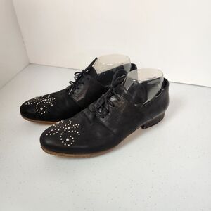 San Marina Derbies Embellished Lace-Up Shoes Flats Black Leather Size 40 EU 9.5